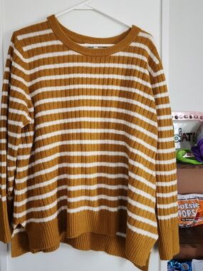 Old Navy Mustard and White Striped Crewneck Sweater